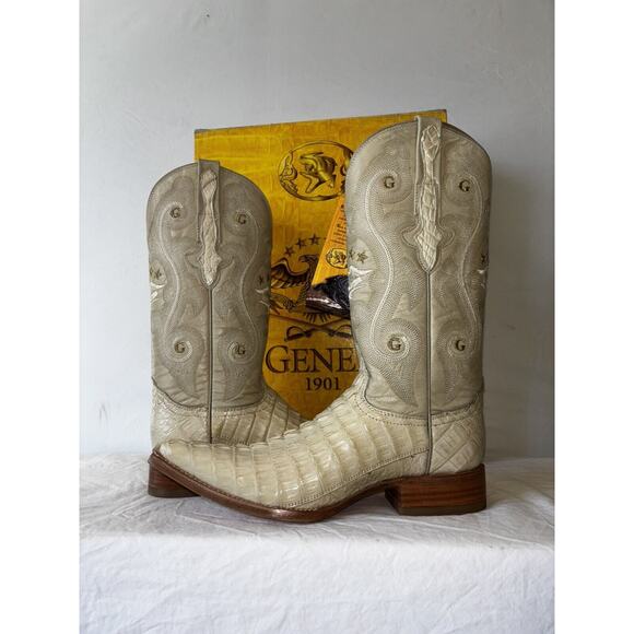 El General Cowboy Boots Exotic Leather Ivory Croc Back Mens Sz 6.5 - Picture 7 of 11